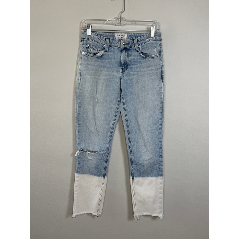 Derek Lam Mila Jeans 25 Blue White Block Hem Ankle Slim Distressed Girlfriend